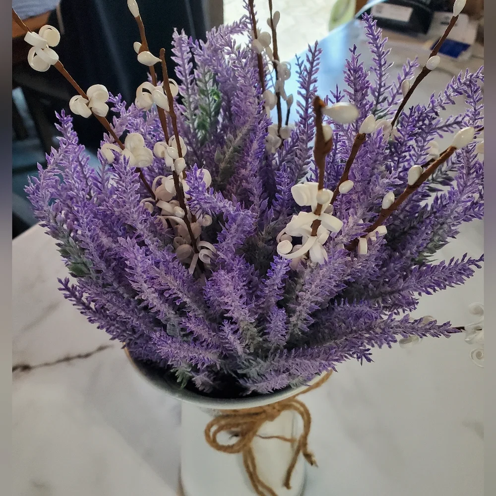 Lavender Artificial Flowers in Decorative Flower Pitcher